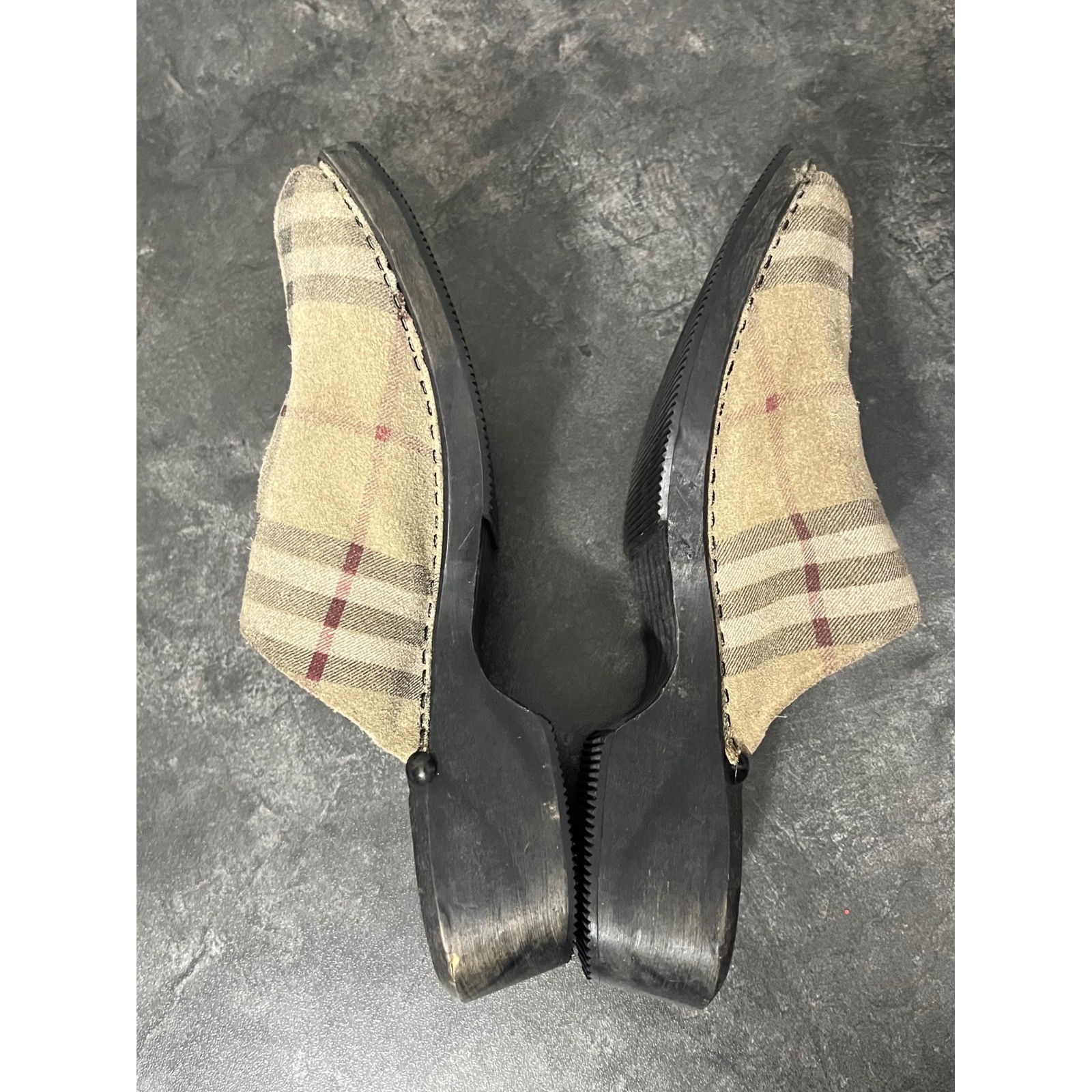 Burberry Clog Mules Women 38 Beige Nova Check Vintage Wooden Platform Heel Fair