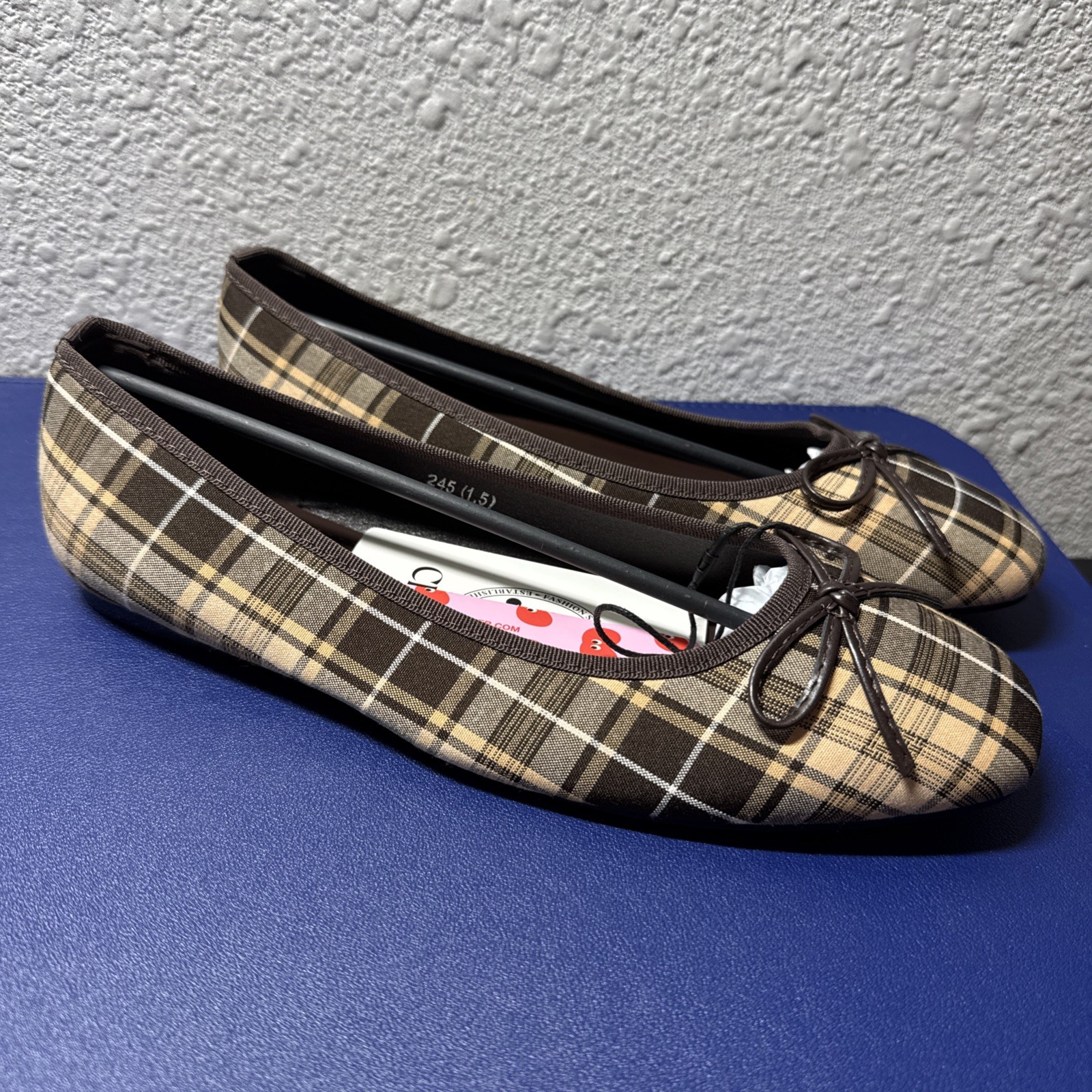 Cider Brown Plaid Bow Ballet Flats Slip-On Cotton Women’s Size 8.5/39
