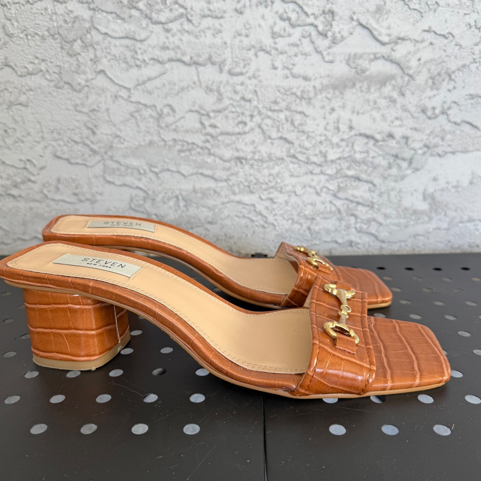 Steven New York Layer Croc Embossed Sandals Womens 10 Cognac Chunky Block Heel