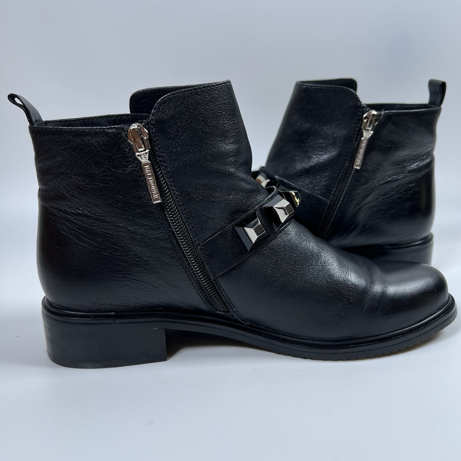 Balidoner Black Leather Ankle Boots Buckle Strap Studded Moto Biker