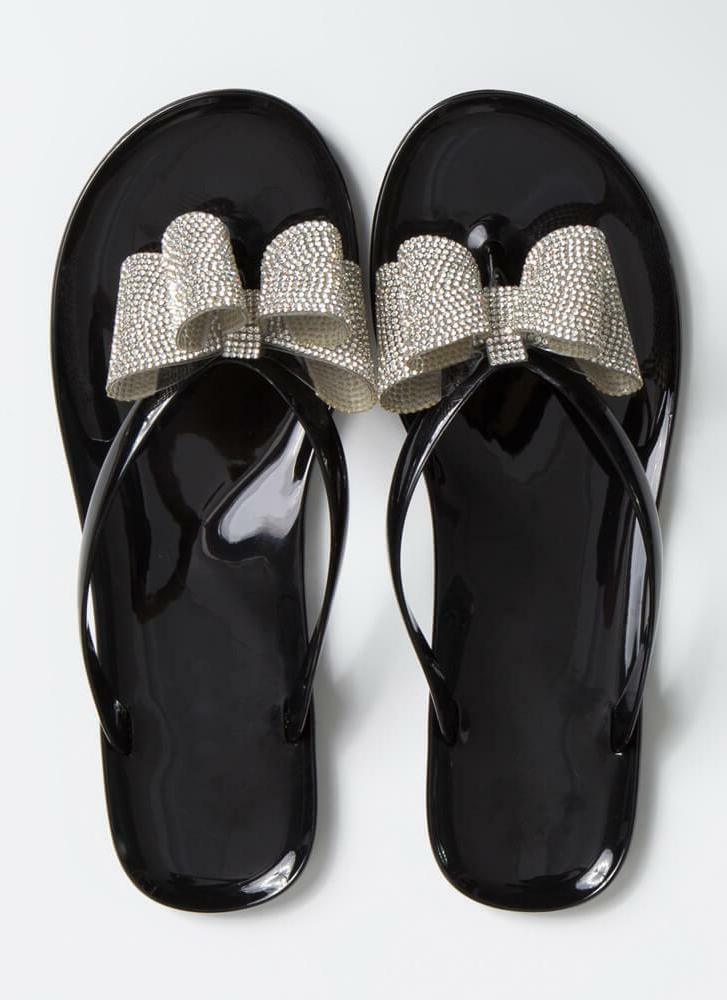 NEW Sparkle Rhinestone Bow Thong Open Toe Jelly Slides Sandal Flip Flops Slipper