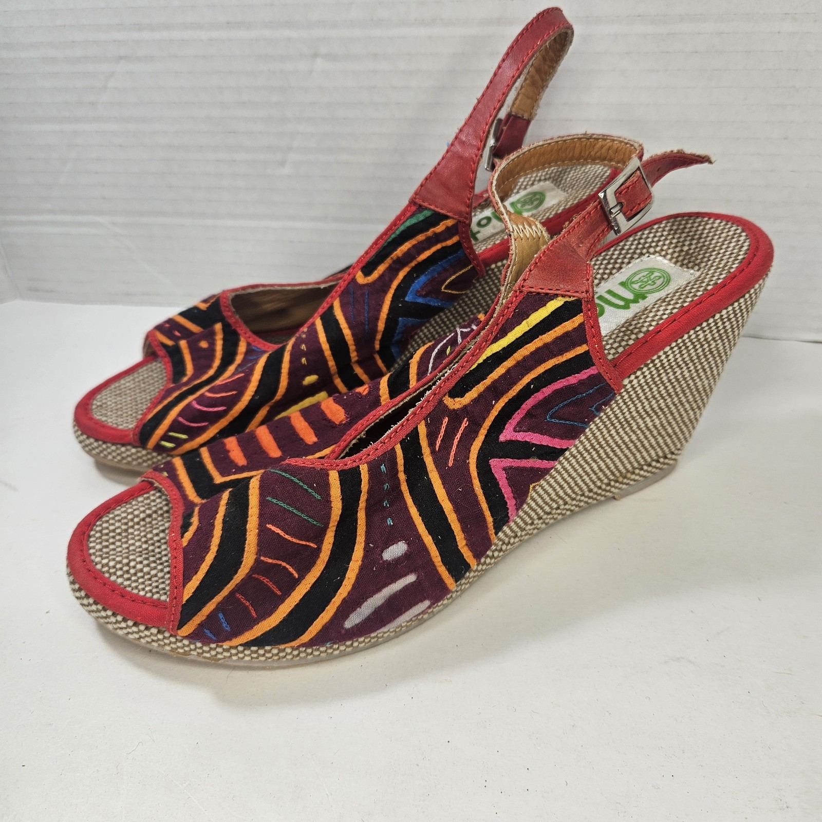 Motalas Handmade Wedge Sandals Size 38 Colombia Tribal Textile Leather Boho 7.5