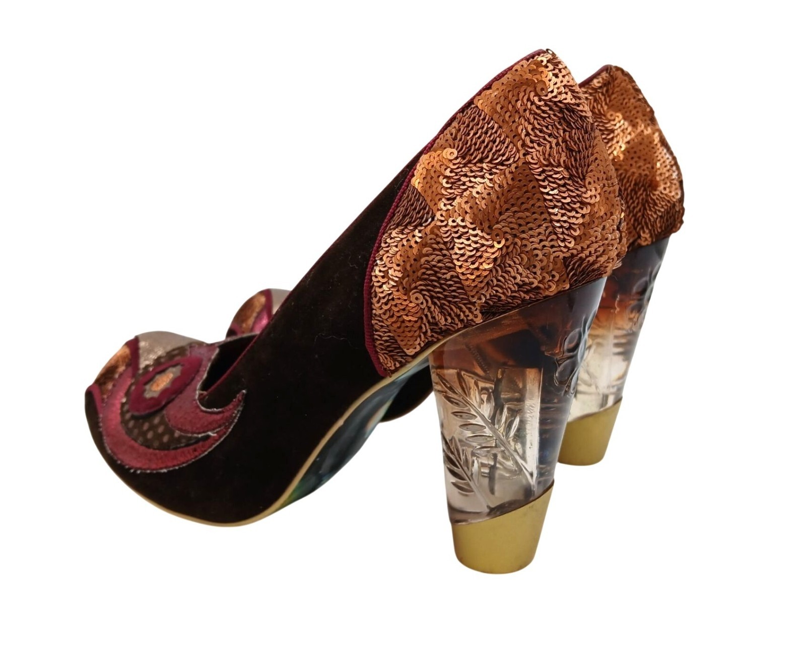 Irregular Choice Burgundy Gold Sequin Velvet Heels Acrylic Clear Heel Size 39 EU