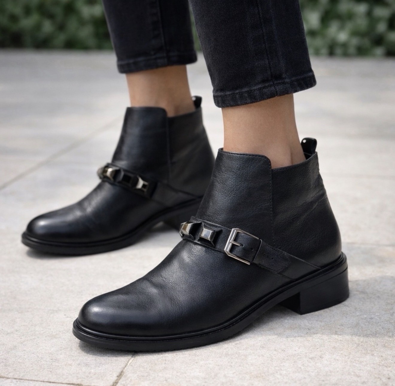 Balidoner Black Leather Ankle Boots Buckle Strap Studded Moto Biker