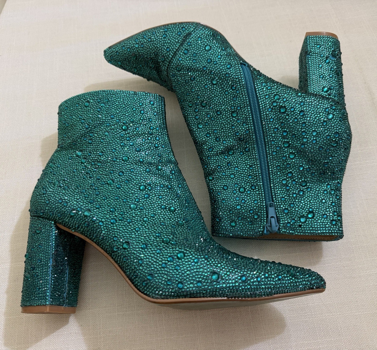 Betsey Johnson Emerald Green Cady Rhinestone Block Heel Ankle Boots 9.5