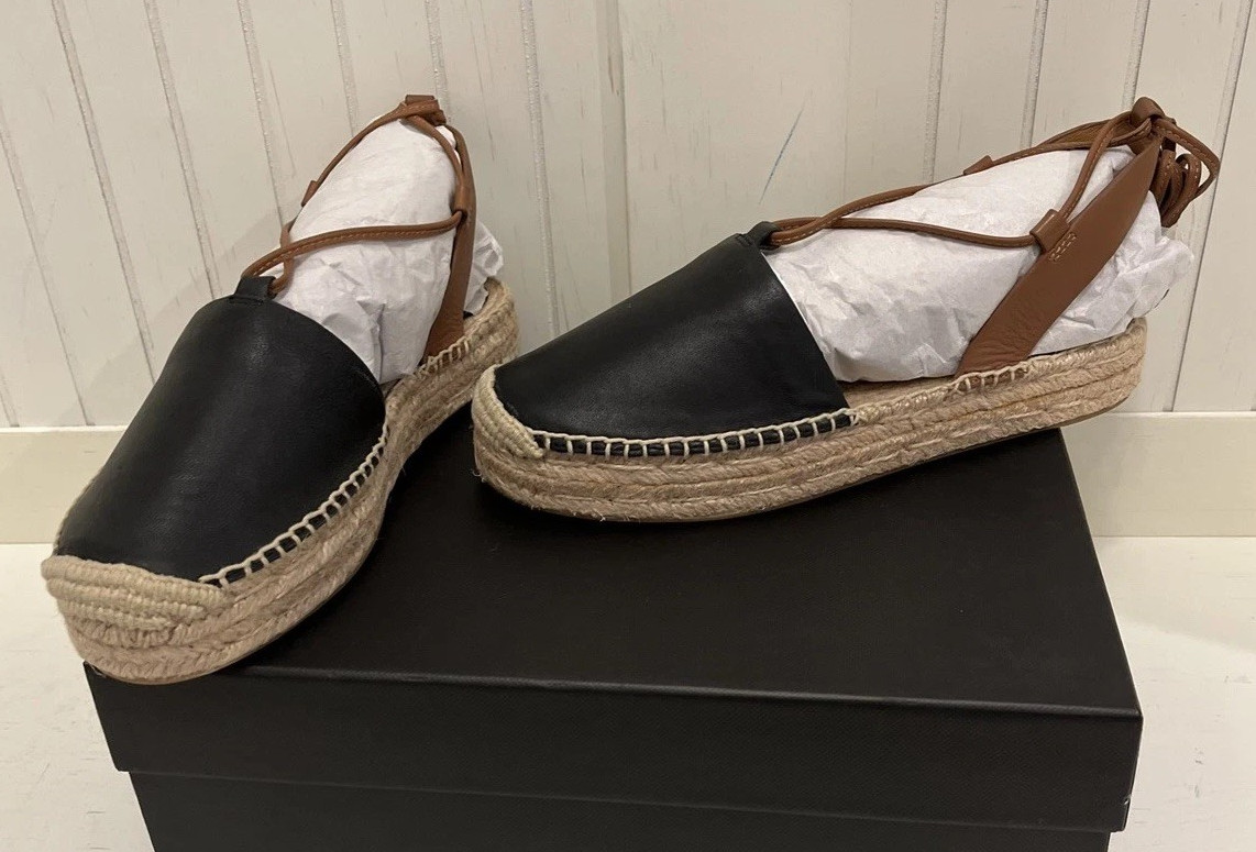 Coach Rita Espadrille Sandals Size 5.5M Black Leather LaceUp Flat Shoes NiB