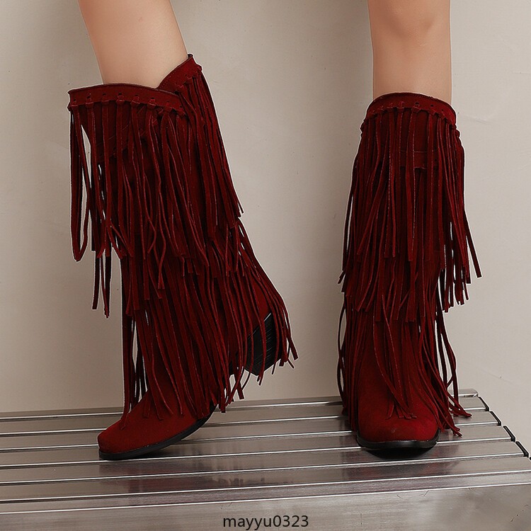 Womens Tassel Fringe Mid Calf Boots Mid Block Heel Western Cowgirl Shoes Hot