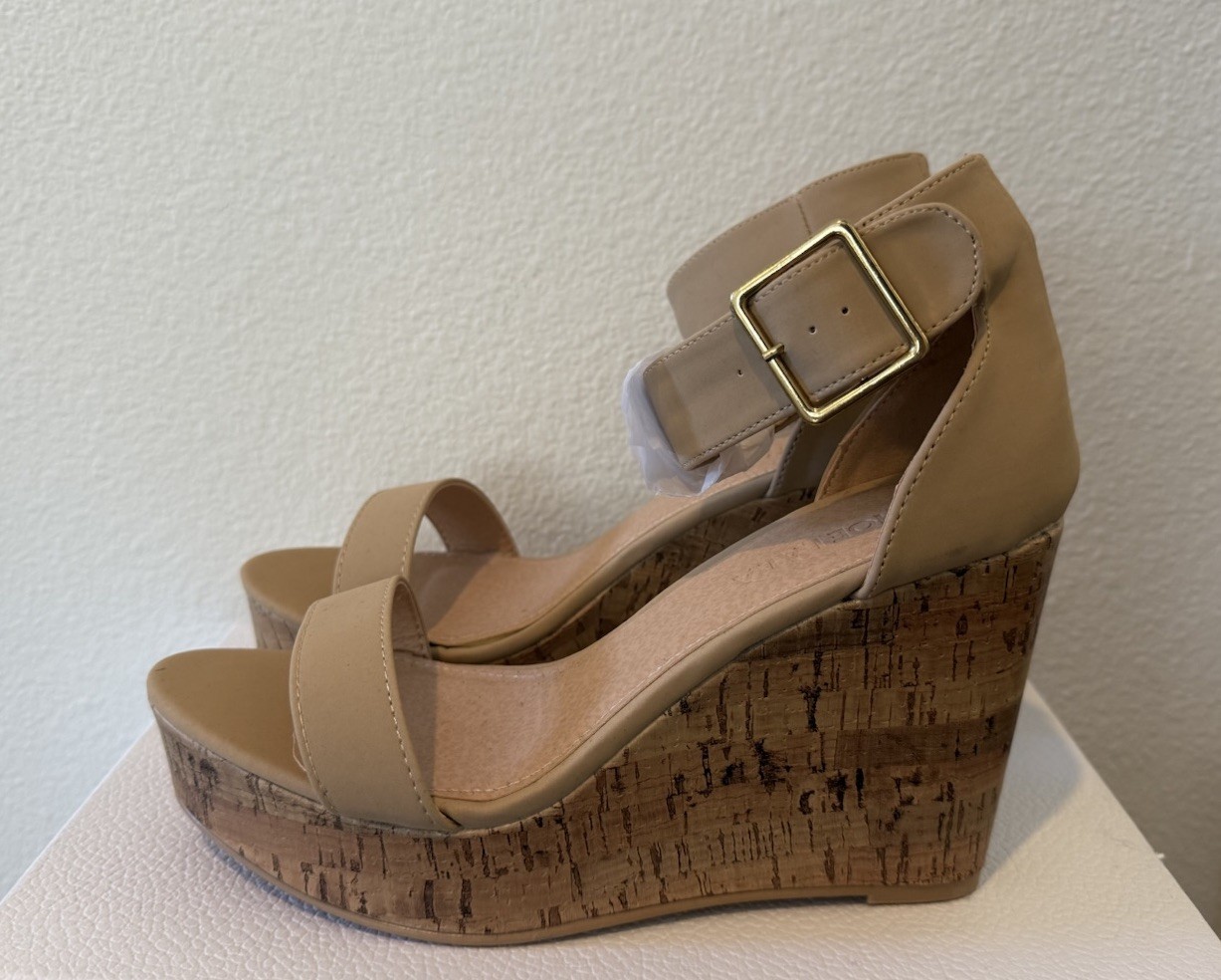 New Beige Cork Wedge Platform Sandals Ankle Strap Women’s Size 8 US