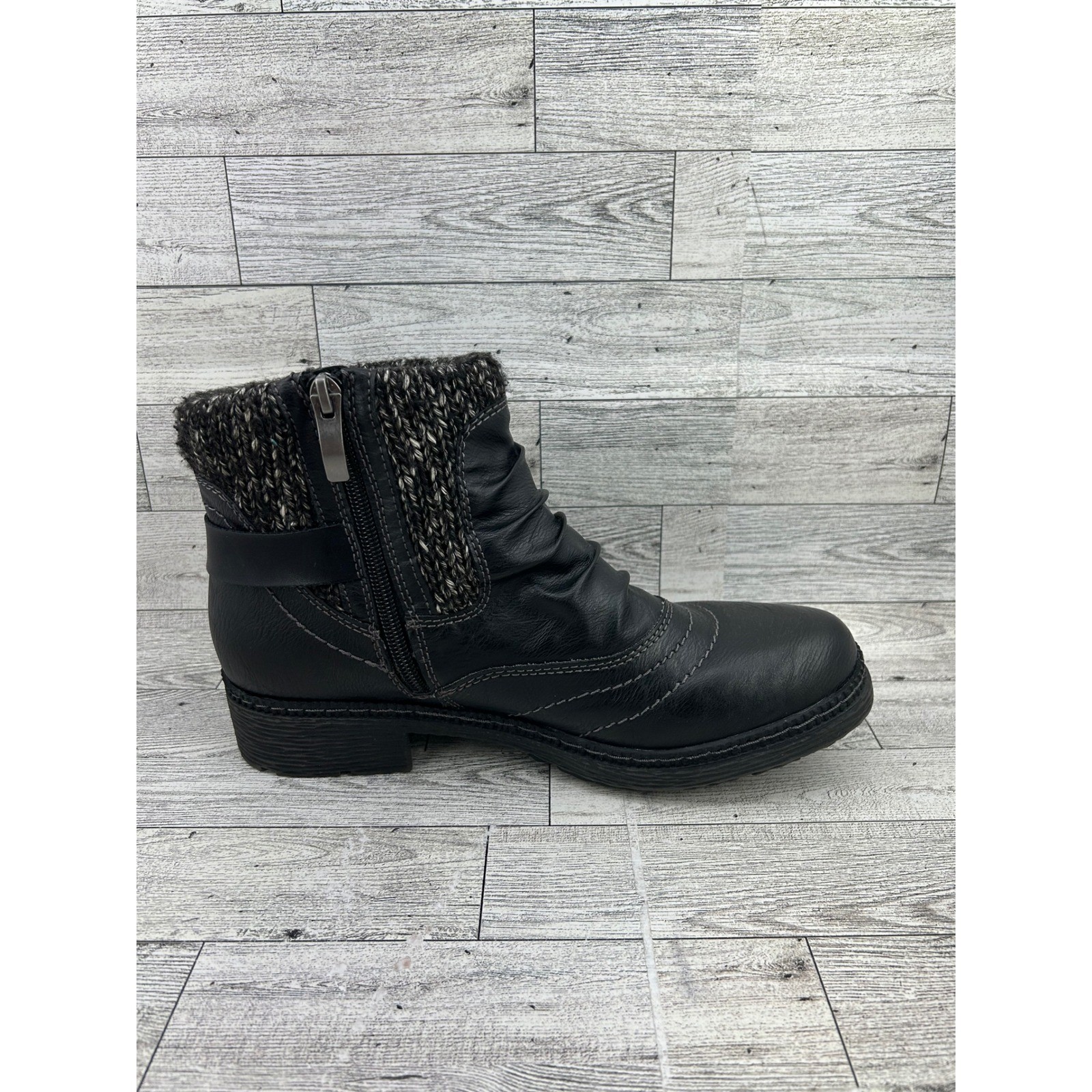 Spring Step Black Leather Ruched Ankle Boots Knit Collar Faux Fur Women EU40 US9