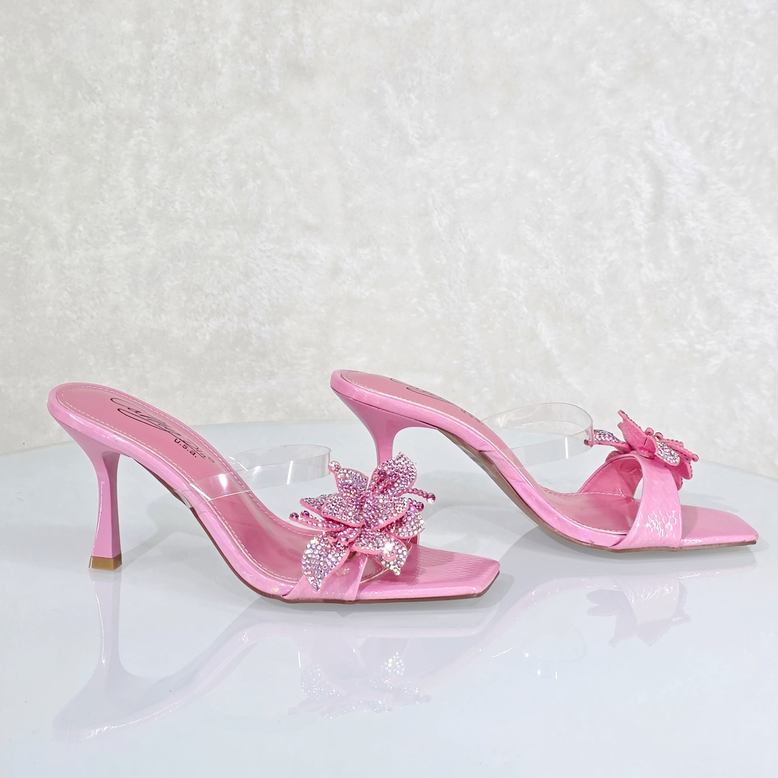 Lily Rhinestone Flower Pink Slip On 3.25″ Heel Casual Evening Party Shoes