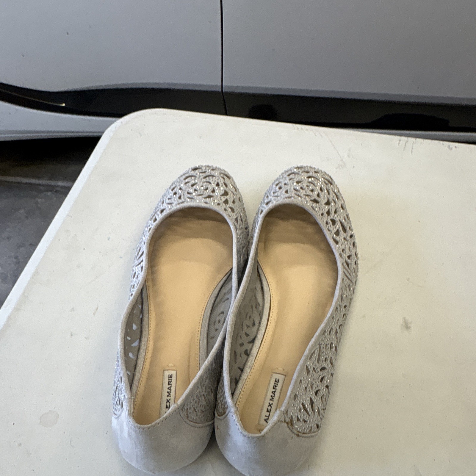 Alex Marie Women’s Silver Glitter Ballet Flats Fabric Slip-On Round Toe 10m