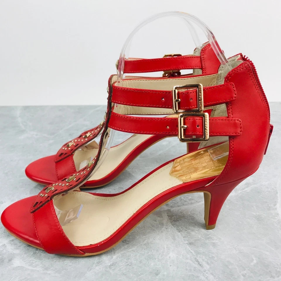 Vince Camuto Red Leather Studded T-Straps Buckle Heels Open toe Womens Size 8