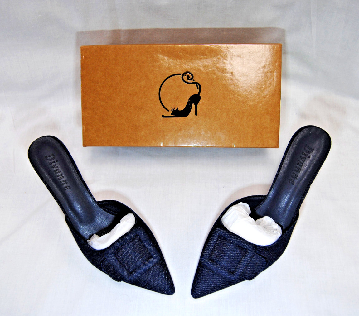 Divanne Women’s Buckle Backless Heeled Mules Pointed-Toe Denim Shoes New T2377