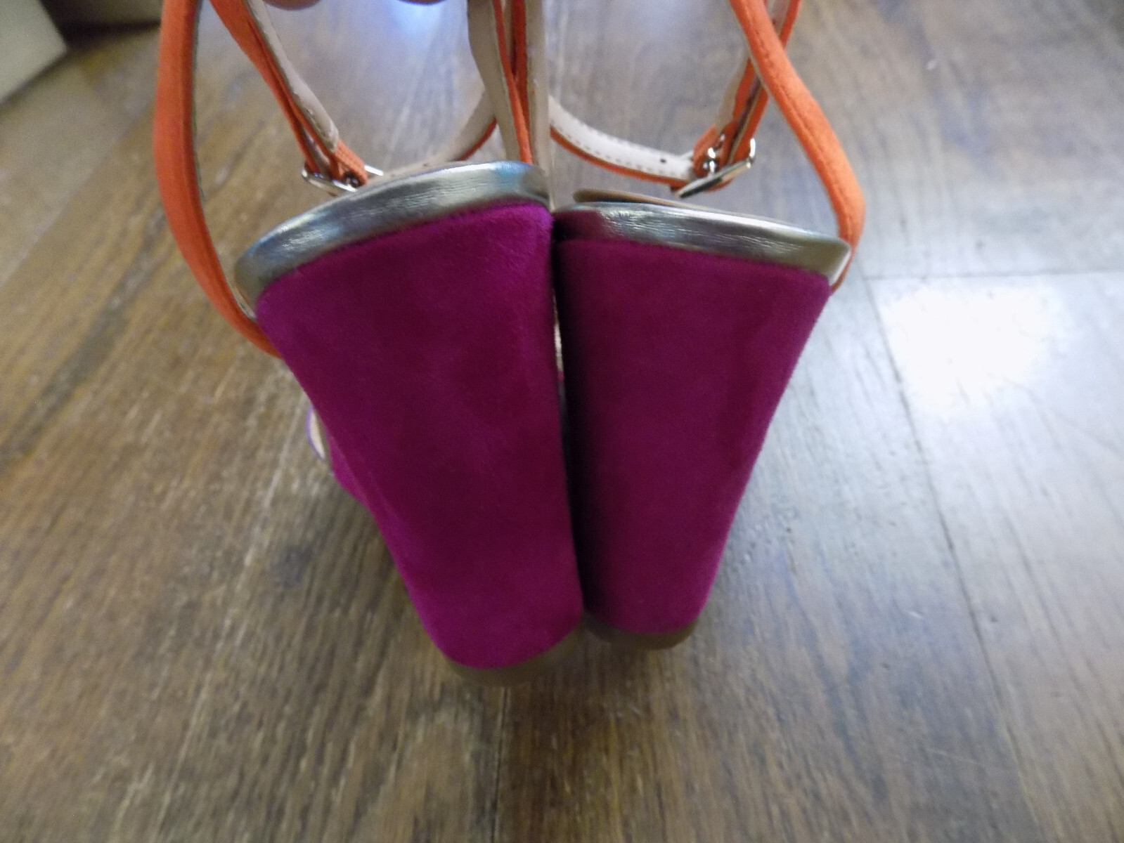 Steve Madden Sylan Purple Pink Orange Suede Ankle strap wedge 3.25″ Sandals 7.5