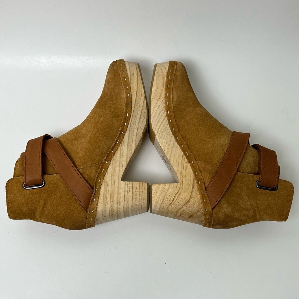 Free People Suede Wooden Clogs 10 Festival Boho Hippie Retro Tan Leather Boots