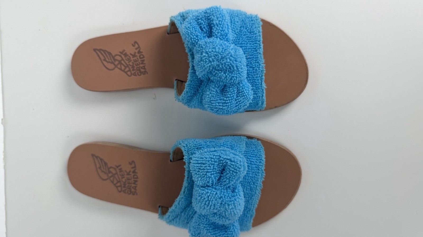 Ancient Greek Sandals Blue Terry Cloth Bow Slide Sandals EU 37 NWOB Dust Bag