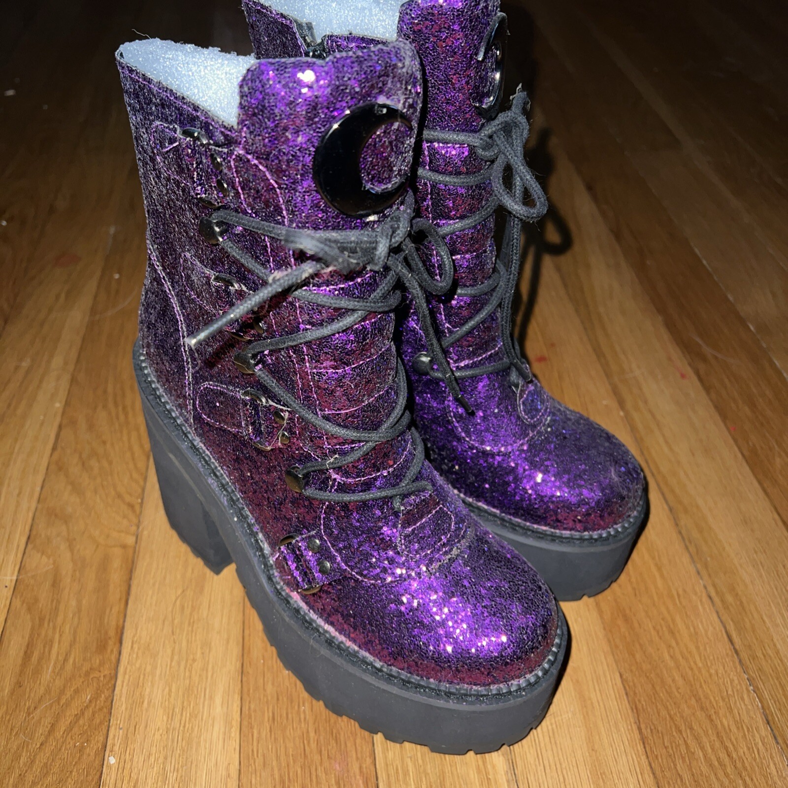 Killstar Platform Boots Heels Size 5 Glitter Purple Cosplay Goth Halloween NWOB