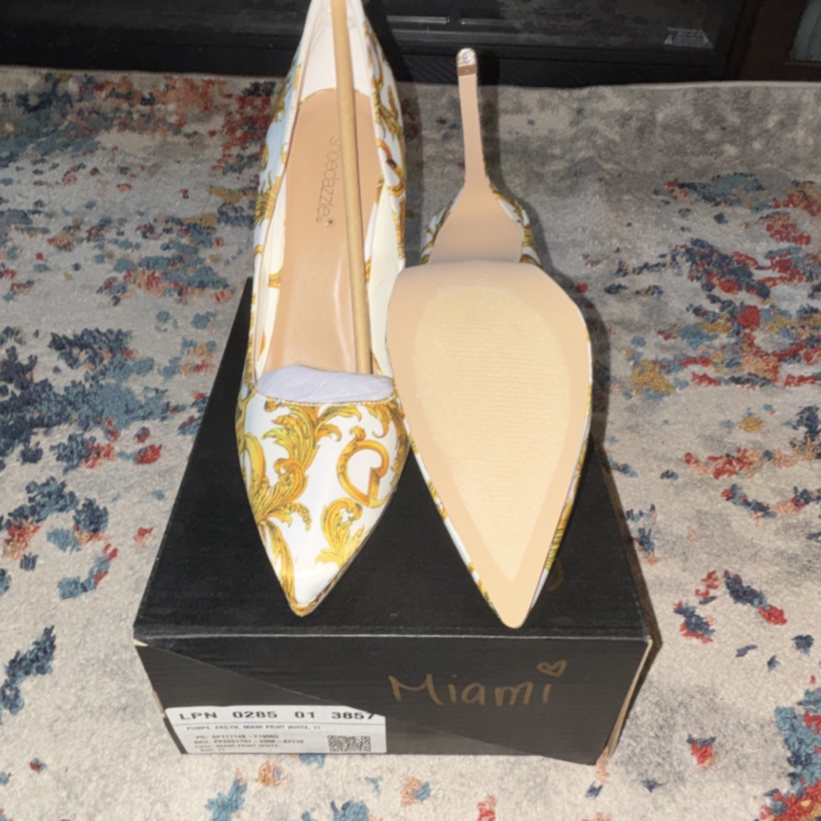 Miami White/Gold Floral Print Pointed Toe Slingback Stiletto Heels US 11