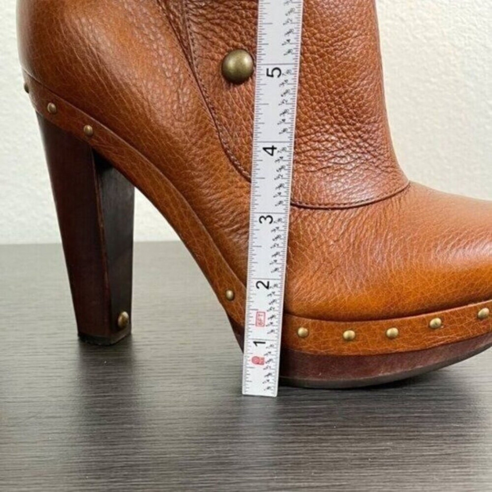 UGG Cosima Studded Brown Leather Heeled Mid-Calf Platform Boots Zip Closure 9.5