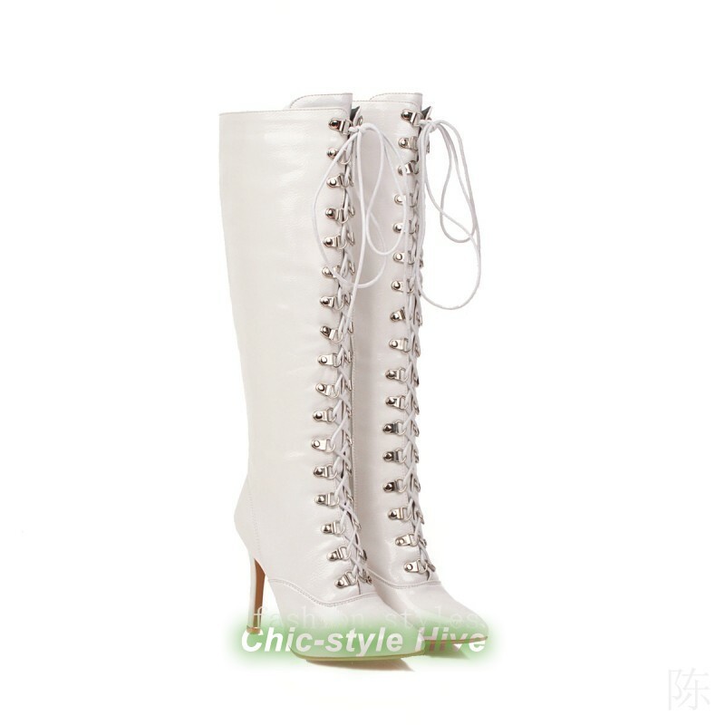 Women Patent Leather Knee High Riding Boots Slim Heels Lace up Zipper Shoes 4-13