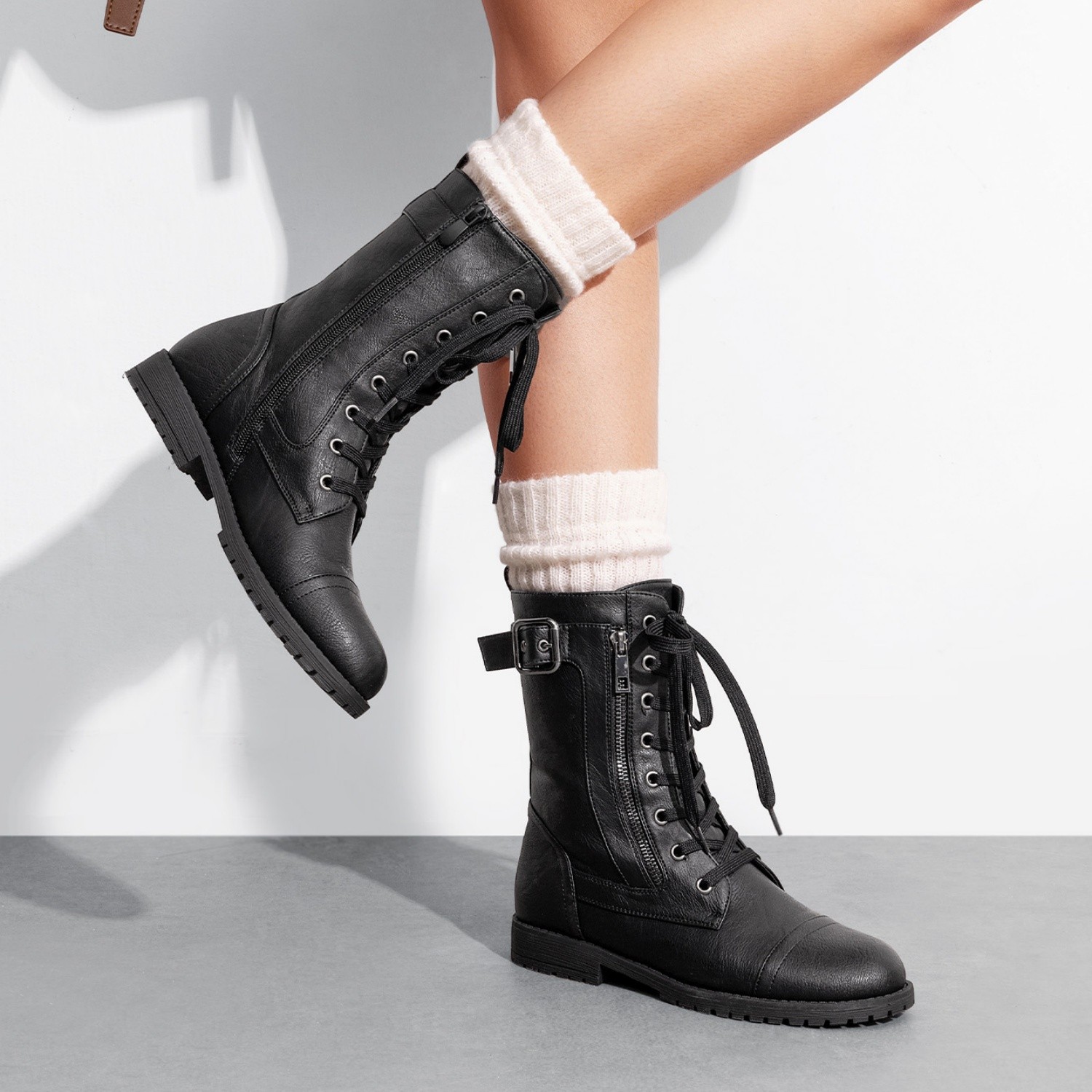 Women Round Toe Military Boots Lace Up Mid Calf Combat Boots
