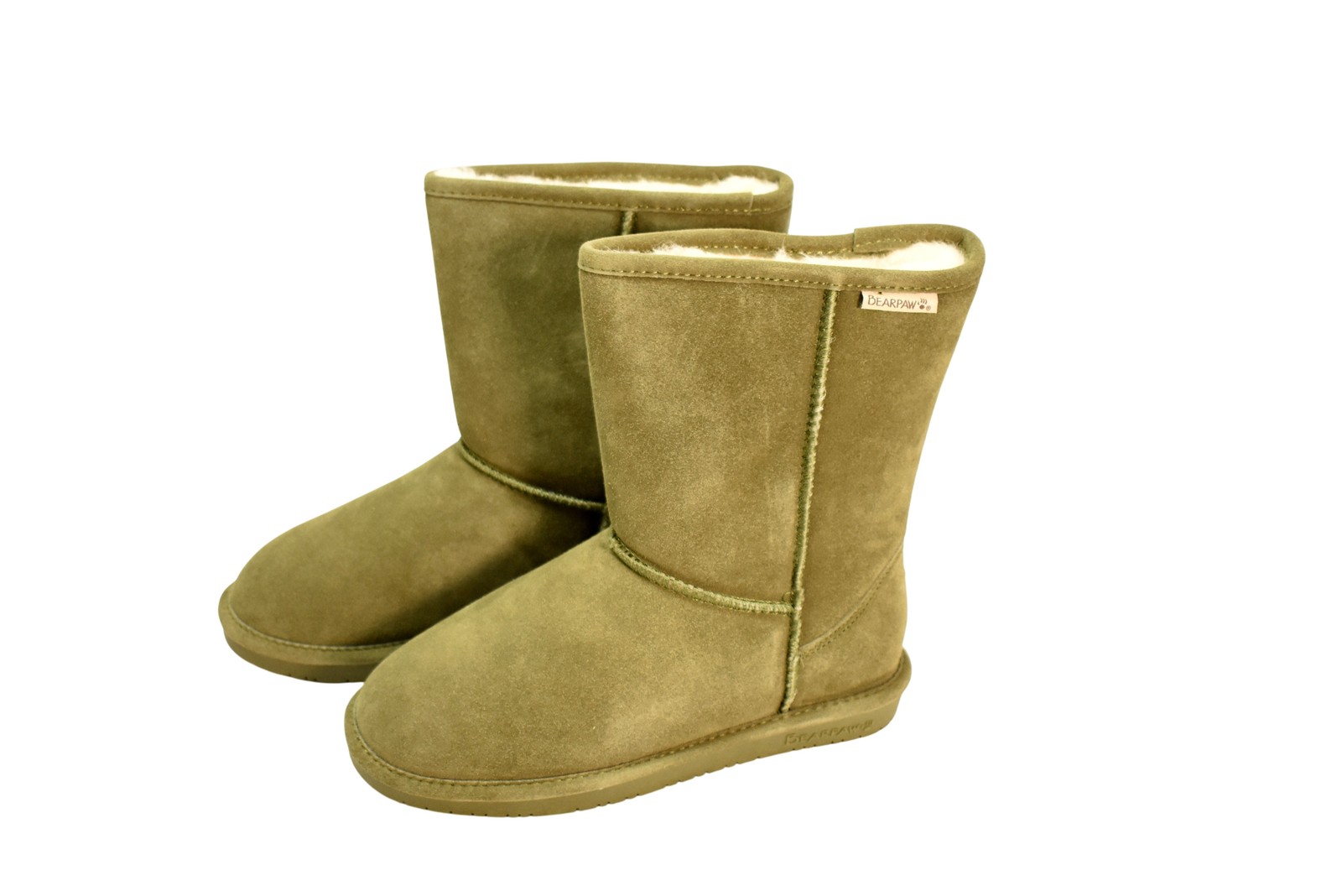 Bearpaw Emma Short 608W Boots Womens Size 8 Dark Olive Suede Shearling Mid Calf