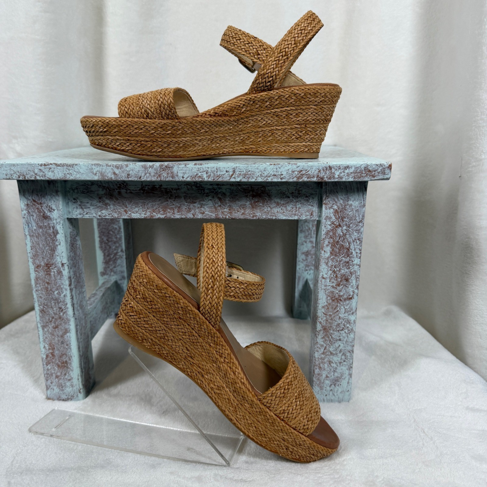 Stuart Weitzman Barbados Wedge Sandals Women 5.5 Tan Woven Platform Ankle Strap