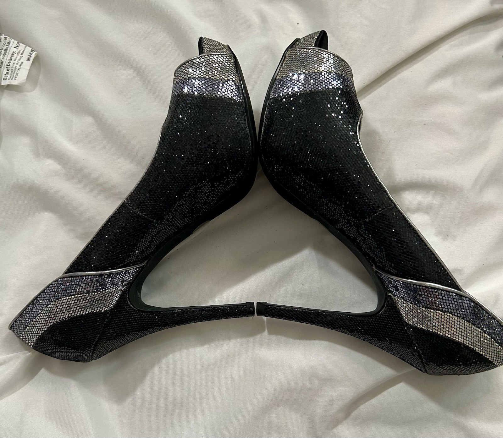 Worthington Women’s Black/Silver Glitter Peep Toe Stiletto Slip-On Pumps 7.5