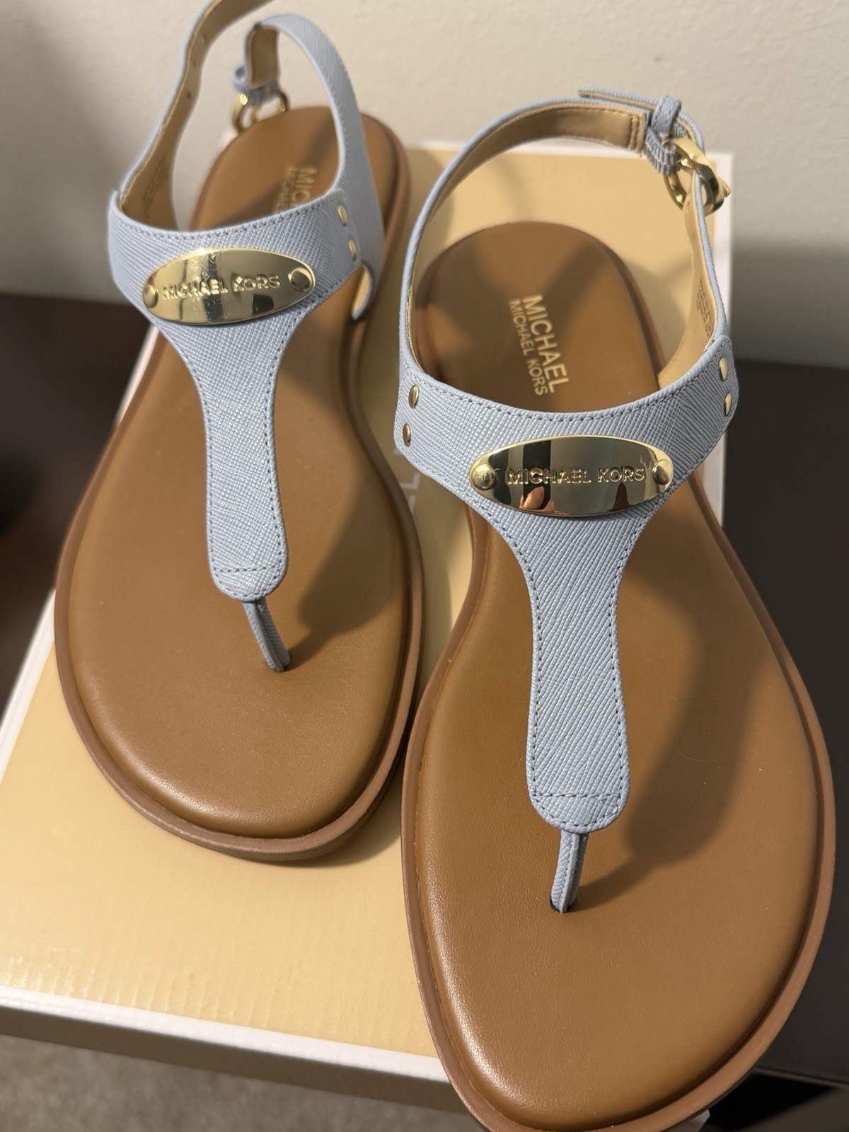 Michael Kors MK Leather Plate Thong Slide Sandal, Pale Blue, Size 7M