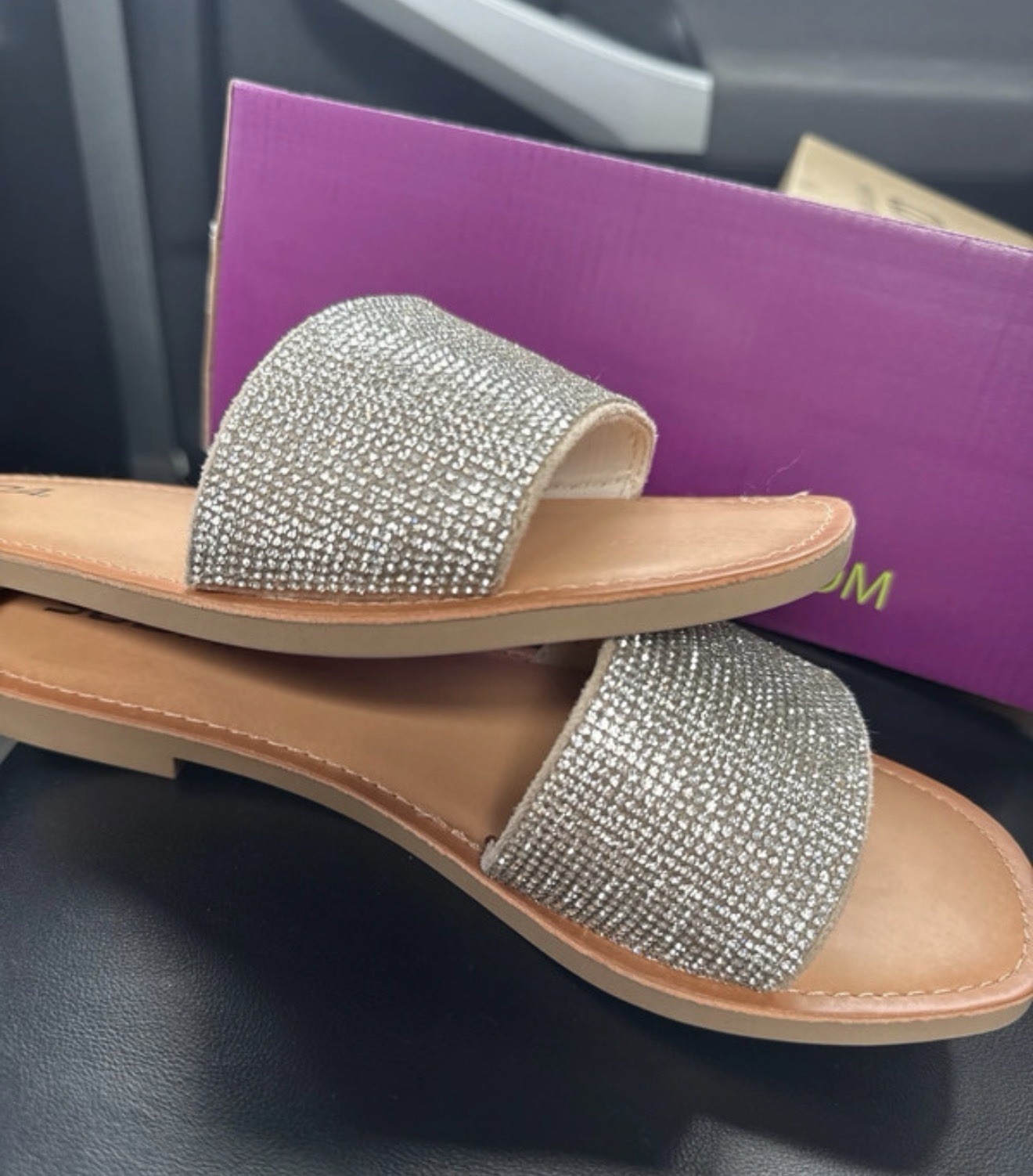 SODA Women’s Slide Sandals Slip-On Glitter Straps Flat Solid Silver/Tan