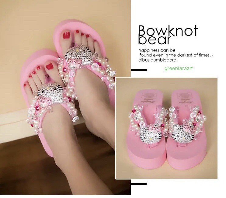 Hello Kitty Flip Flops Women Platform Shoes Summer Fashion High Heels Slipper
