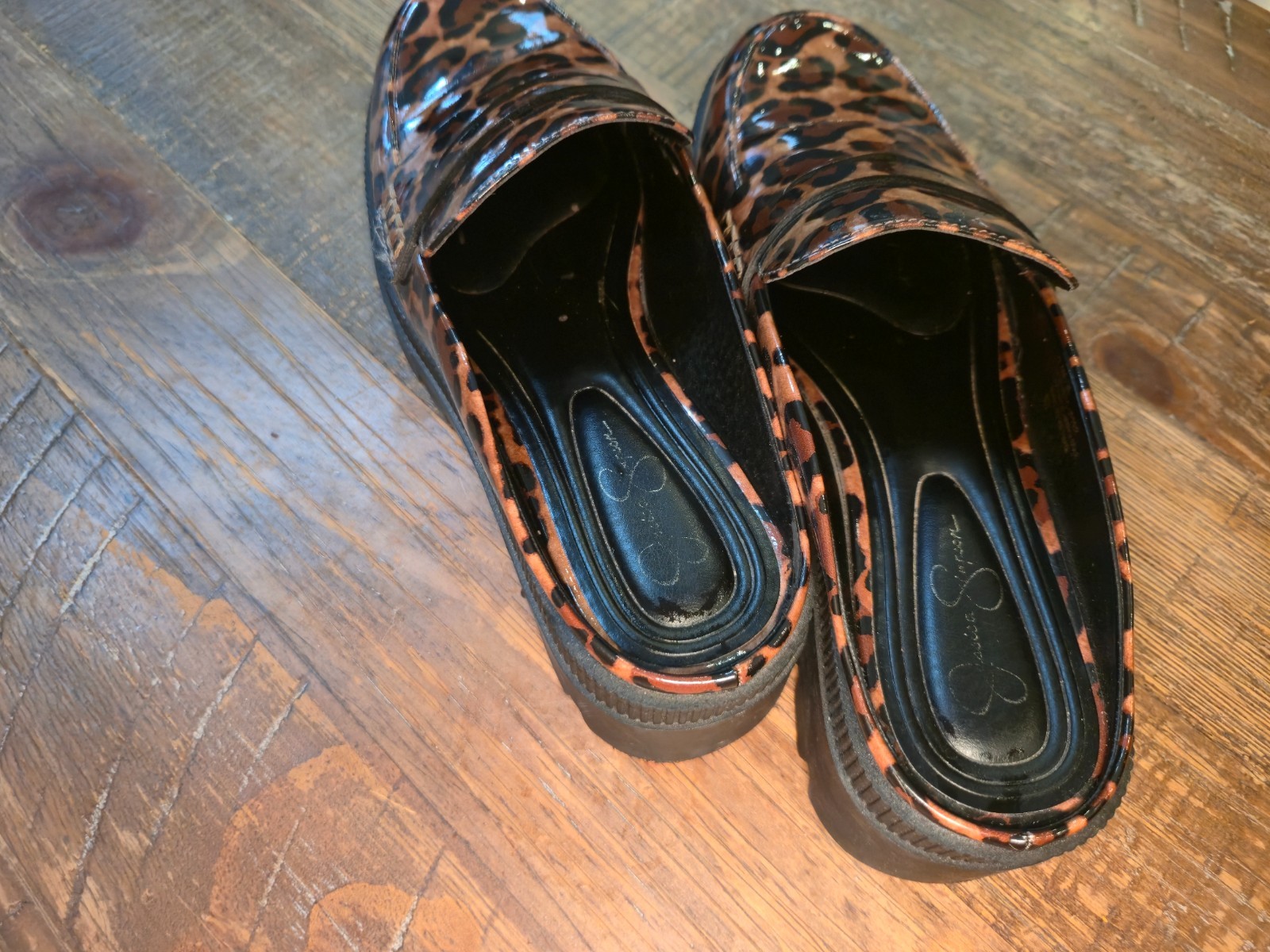 Jessica Simpson Uma Leopard Patent Platform Loafer Mules Chunky Lug Sole Sz 7.5M