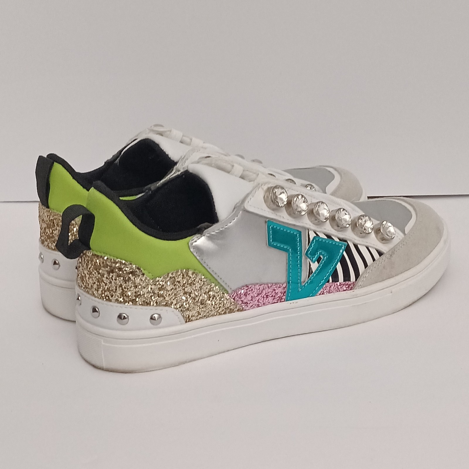 ROUGE Studded Glitter Athletic Sneakers Womens White Silver Green Pink Black