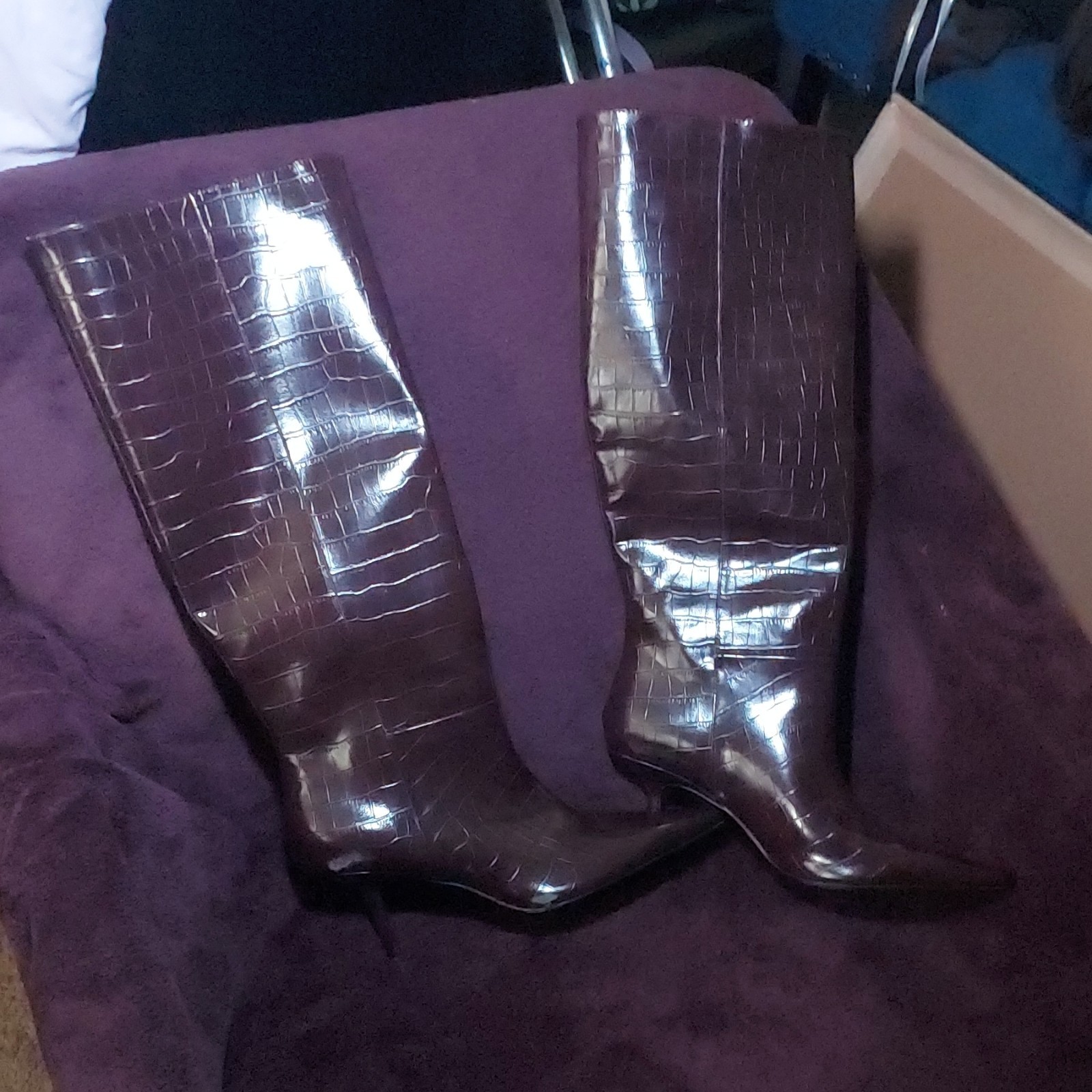ZARA Women Burgundy Croc Embossed Knee High Pointed Toe Stiletto Riding Boots