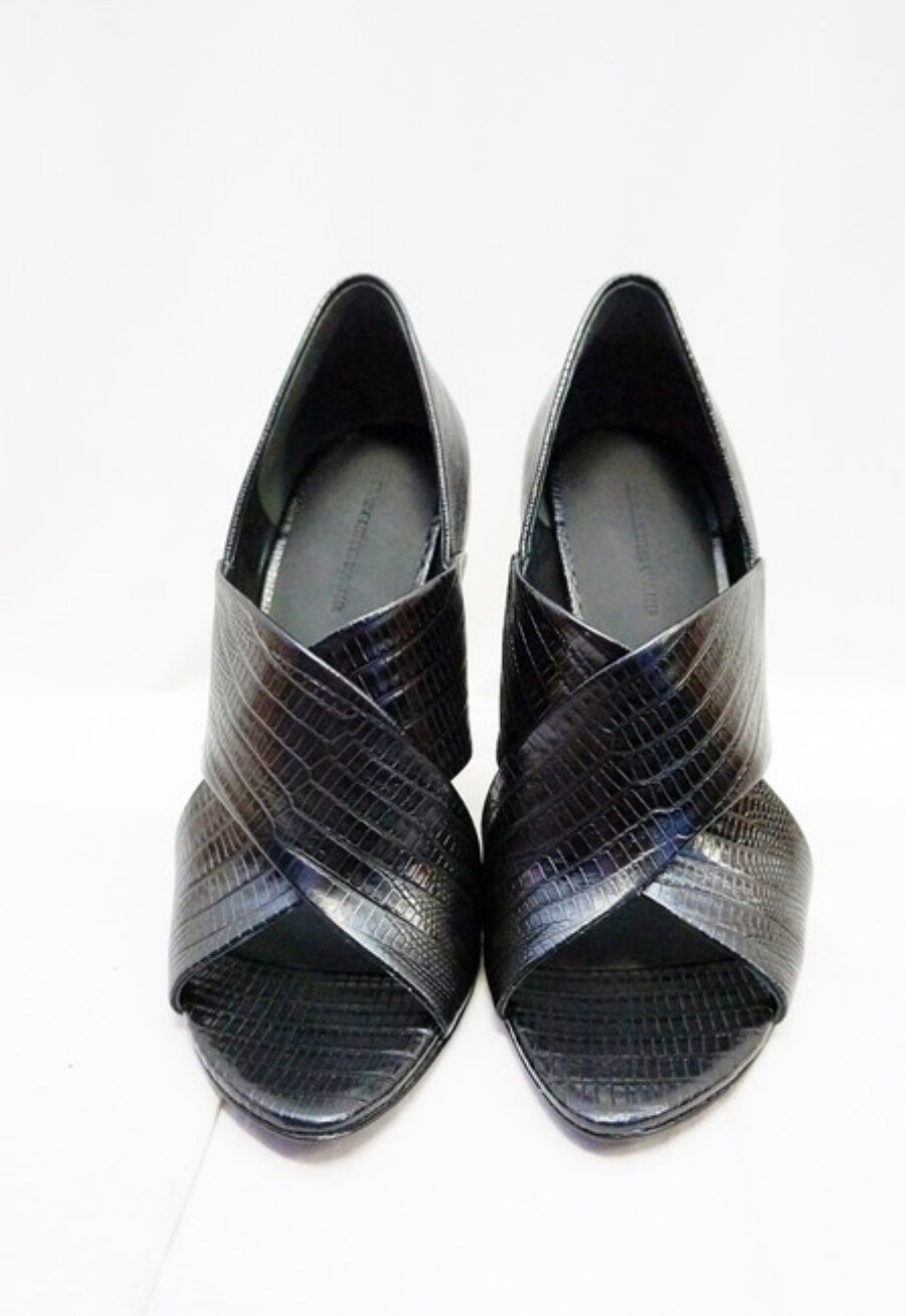 NEW ALEXANDER WANG Black IDA Wedges Lizard Leather Peep Open Toe Sandals 38 8