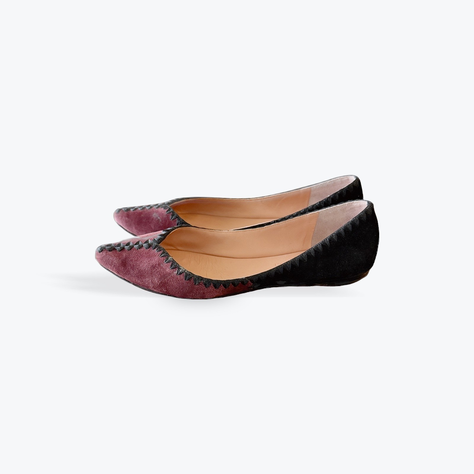 Sigerson Morrison Burgundy Black Suede Pointed Toe Whipstitch Flats Size 8.5