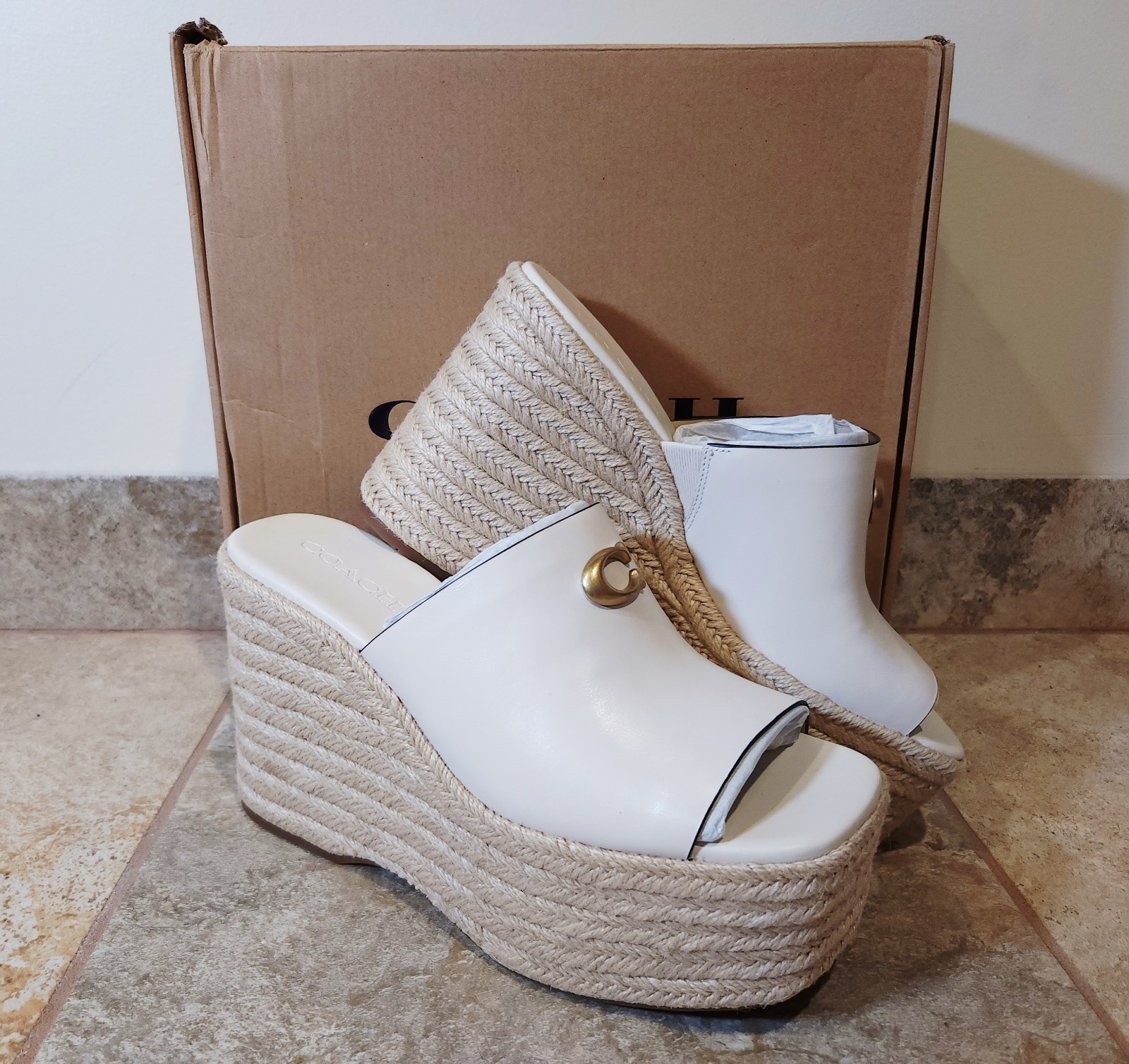 Coach | Women’s 9 B Chalk Cream Leather Wedge Espadrilles 4.25″ Heel Sandals NEW