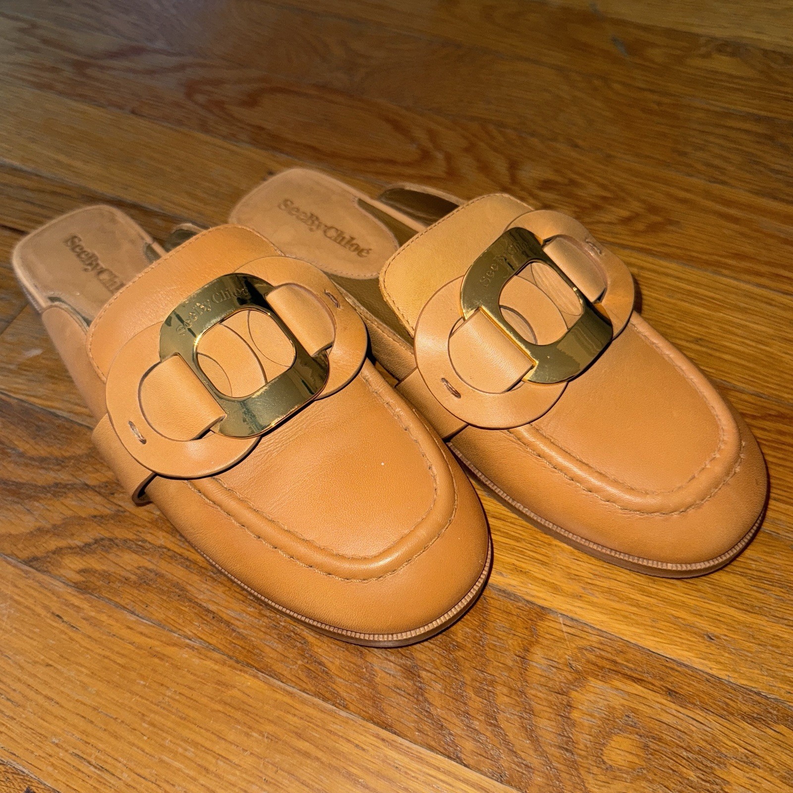 See By Chloe Shoes Womens Size 37 US 7 Chany Leather Mules Tan Slip Ons Calfskin