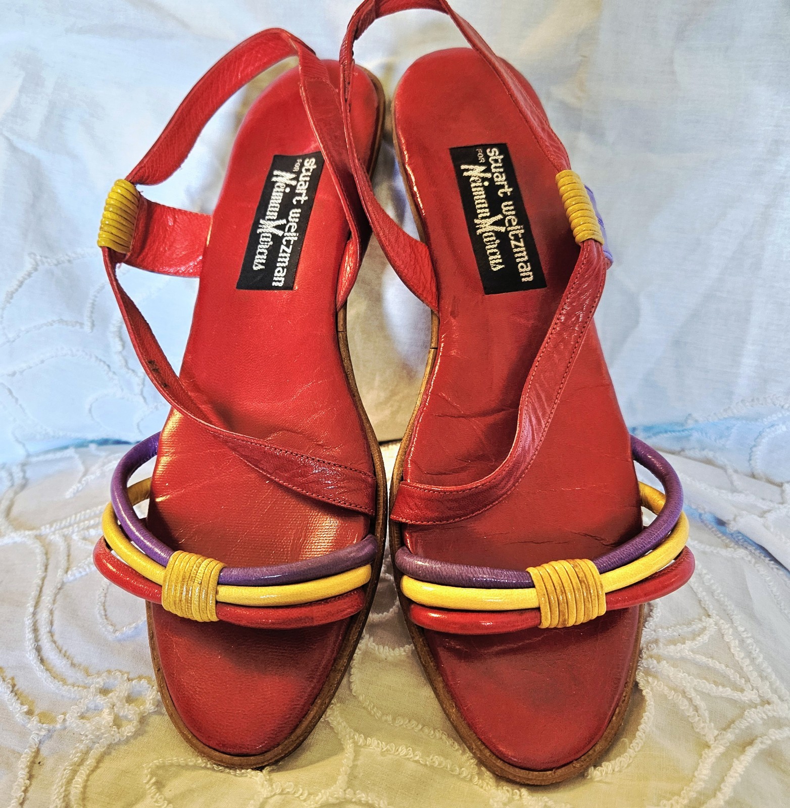 Vintage Stuart Weitzman Sandals Womens 9AA Red Leather Multicolor Strappy Sling