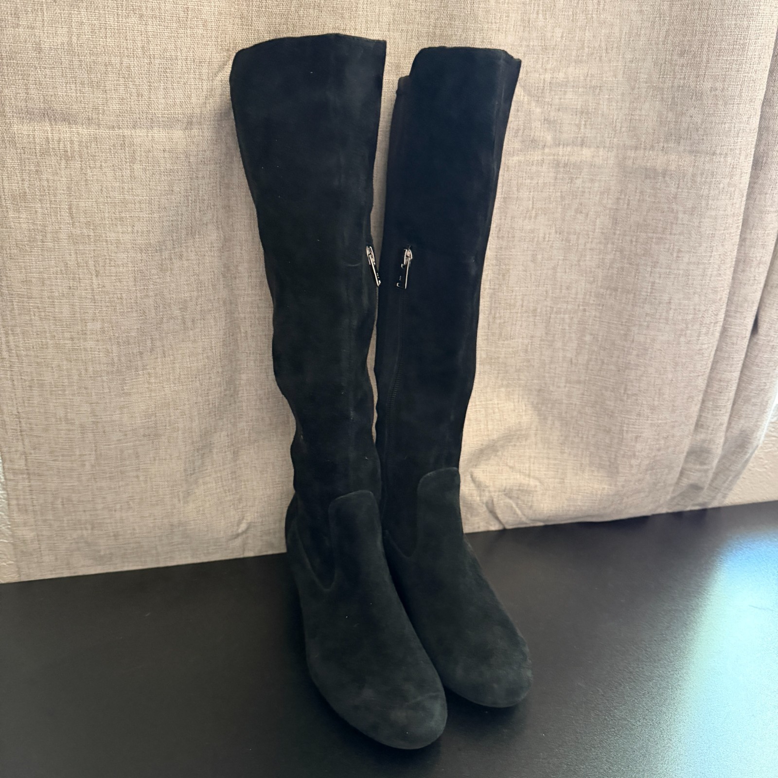 Rockport Knee High Boots Women’s 6.5 Black Suede Stretch Calf Wedge Heel Comfort