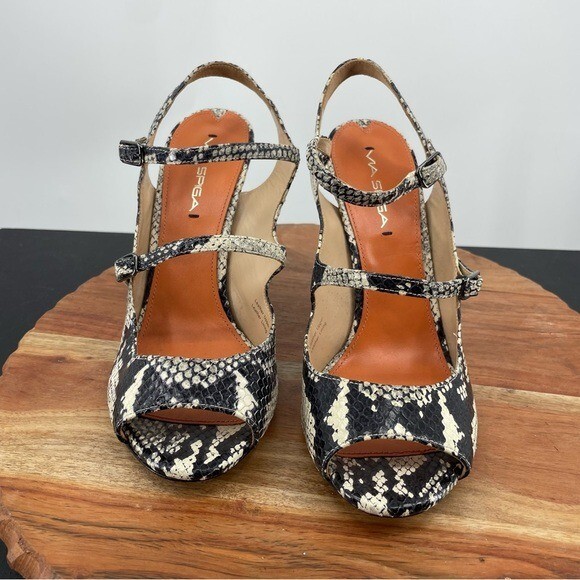 Via Spiga Roseanne heel sandals size 8.5 black white snakeskin snake buckles
