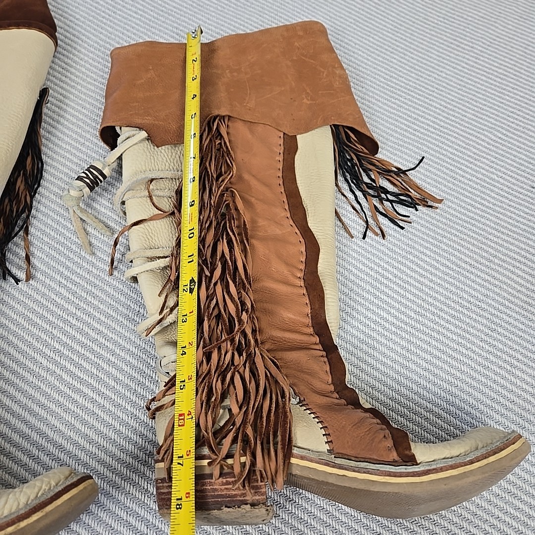 VTG 70s Hand Made Fringed Leather Western Boots Over Knee Concho Womens 9 USA
