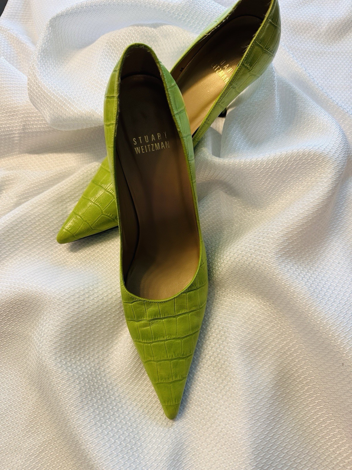 Stuart Weitzman Green Leather Croc Embossed Pointed Toe Stiletto Pumps 6M