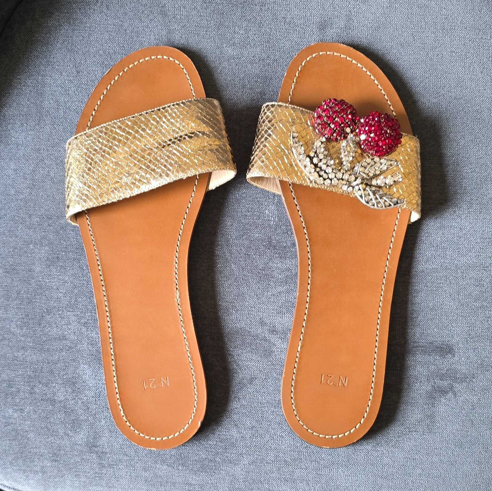 N°21 Gold Snake Print Beaded Rhinestone Slide Sandals Faux Leather EU 40 Women