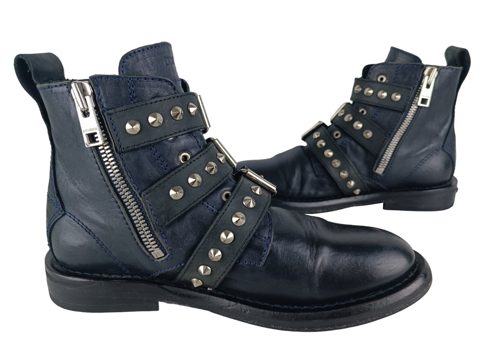 Zadig&Voltaire Womens Black Leather Studded Straps Ankle Boots Size EU 39