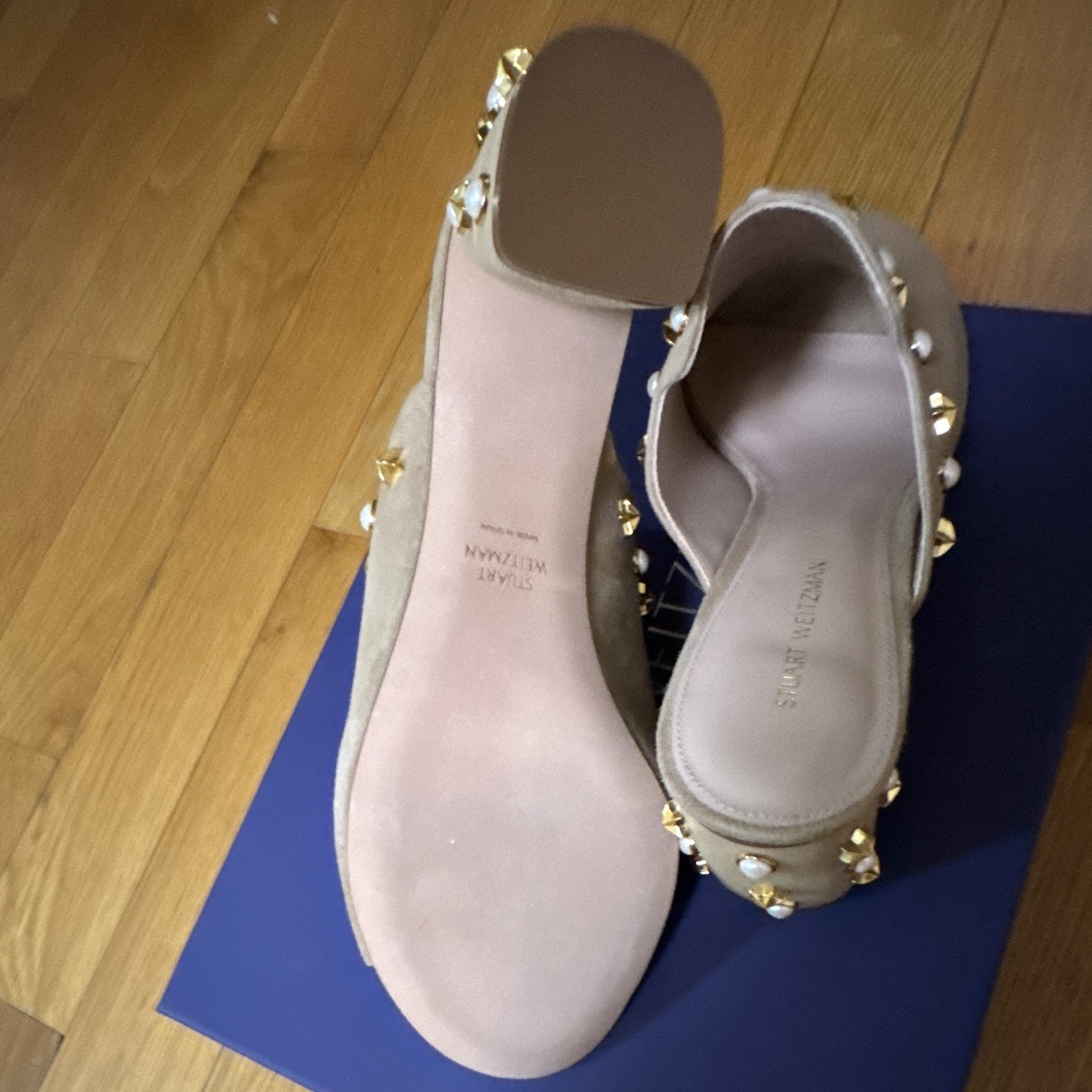Stuart Weitzman Suede Pearl Studded Open Toe Block Heel Mule Sz 7.5