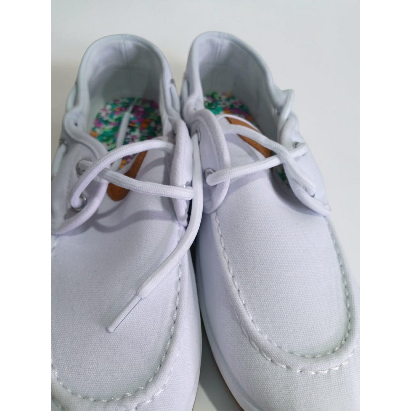 US Sports Womens White Canvas Boat Shoes Nautical Lace Up Loafers Floral Insole