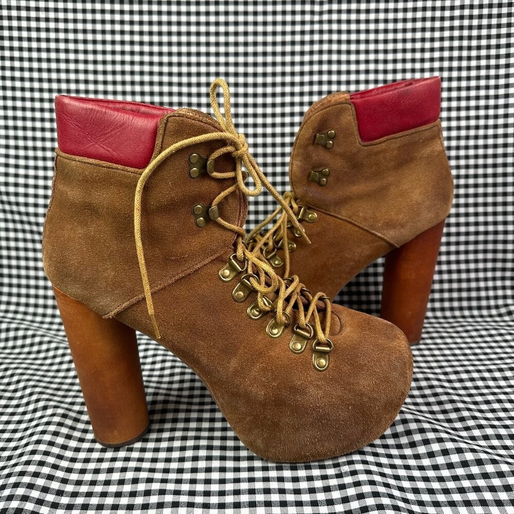 Jeffrey Campbell Everest Lita Platform Hiker Boots Brown Suede High Heel 9.5