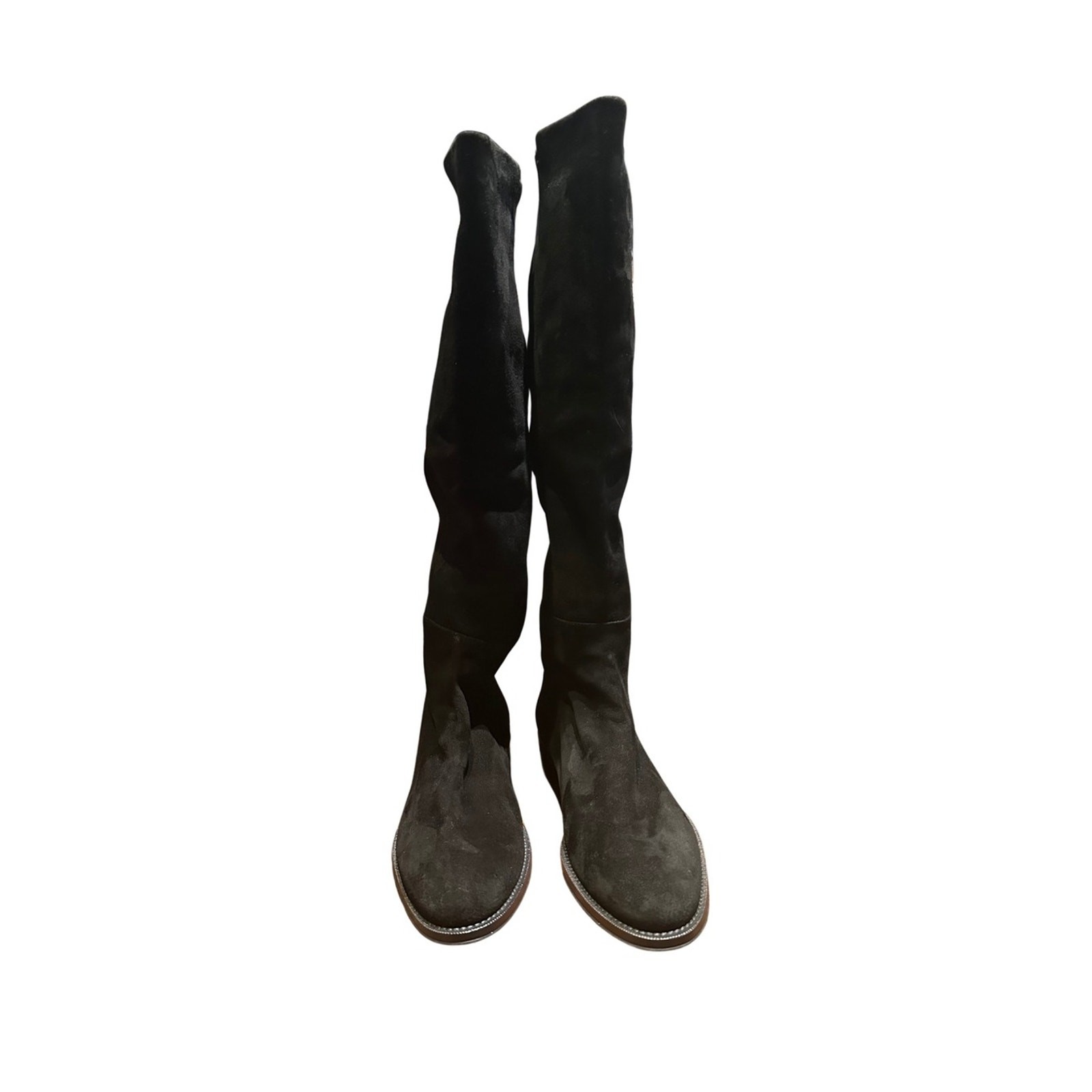 Stuart Weitzman Black Suede Knee High Pull On Flat Boots Size 6.5M Made in Spain