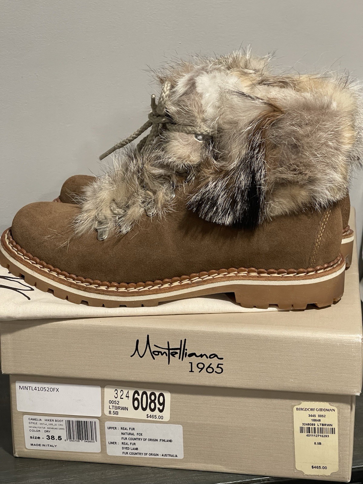 MONTELLIANA CAMELIA REAL FOX FUR SHEARLING HIKER BOOTS LT BROWN LEATHER 38.5 BOX